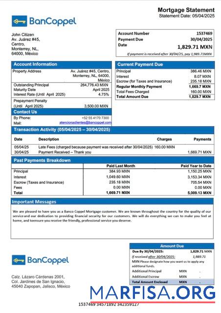 Blank Mexico Banco Coppel mortgage statement Word and PDF template